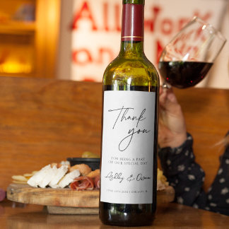 Thank You Wedding Modern Black Script White Wine Label