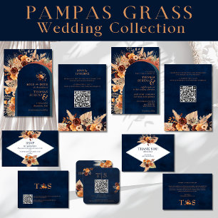 Thank You Wedding Pampas Grass Navy Blue Autumn Note Card