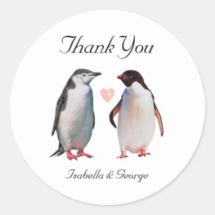 Thank You Wedding & Penguin Couple with Heart Classic Round Sticker