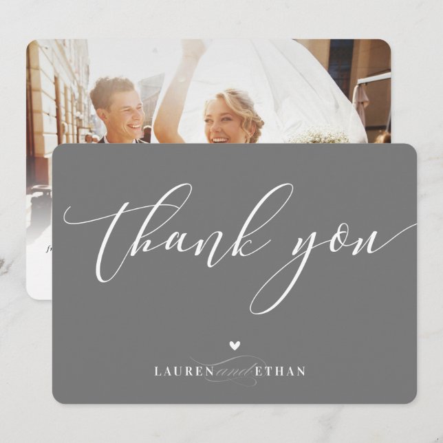 THANK YOU wedding photo elegant calligraphy gray Invitation (Front/Back)