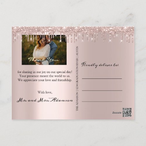 Thank You Wedding Photo Gold Script Rose Drips Postcard