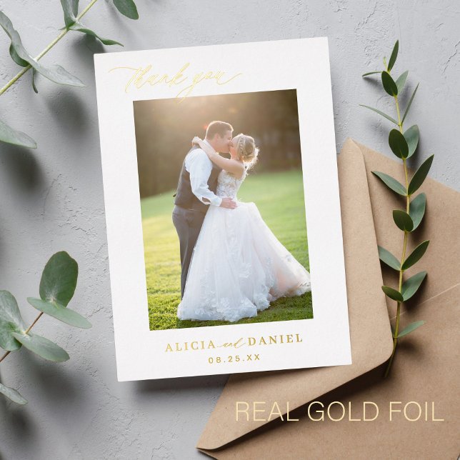 Thank you wedding photo gold script white  foil invitation (Creator Uploaded)