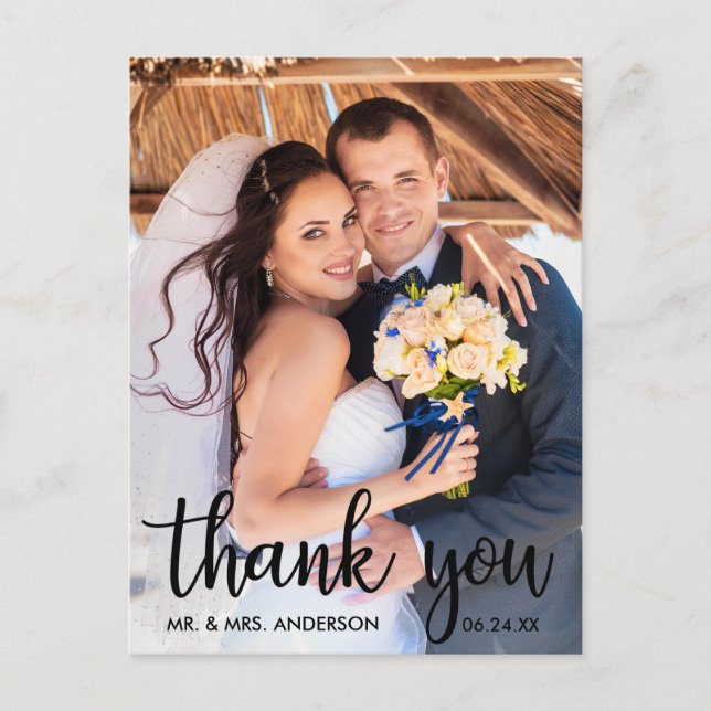 Thank You Wedding Photo Modern Script Blk Postcard (Front)