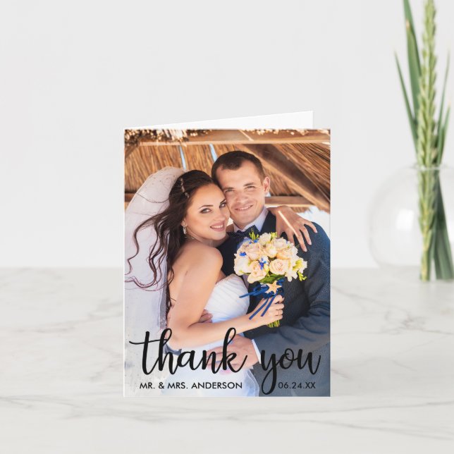 Thank You Wedding Photo Modern Script Note Card B (Front)