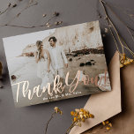 Thank You Wedding Photo Real Foil Headline Foil In Invitation<br><div class="desc">Share a beautiful wedding day photo with an elegant thank you headline in real foil. Your choice of gold,  silver or rose gold foil. Use the back to include another photo and/or pen a personal note of gratitude.</div>