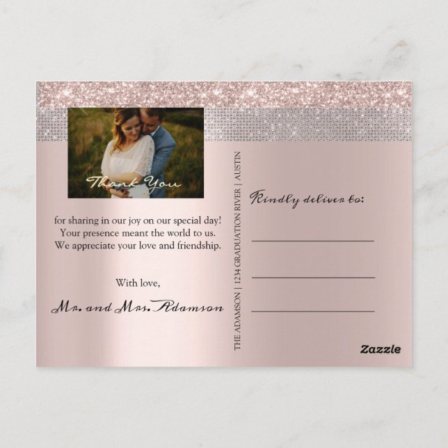 Thank You Wedding Photo Silver Gray Rose Gold Postcard (Back)