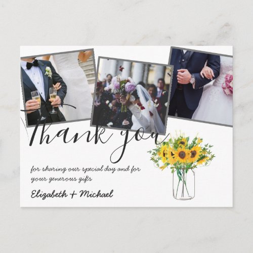 Thank You Wedding Photos Overlay Text Sunflowers Postcard