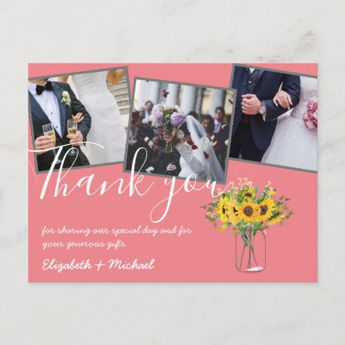 Thank You Wedding Photos Overlay Text Sunflowers Postcard