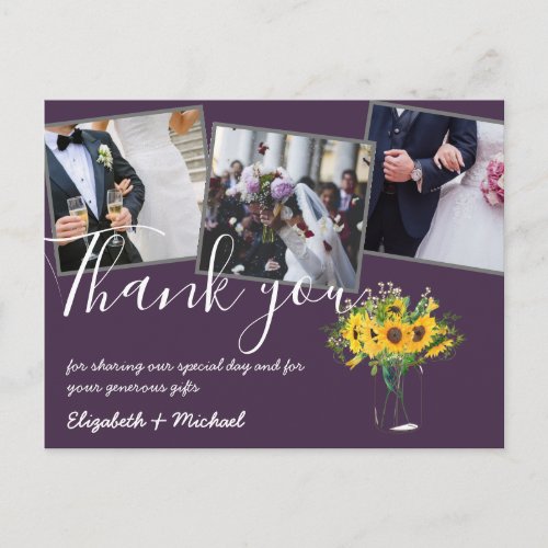 Thank You Wedding Photos Overlay Text Sunflowers Postcard