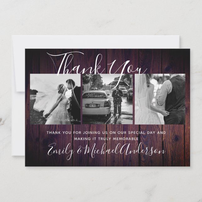 Thank You Wedding PURPLE Rustic PHOTO Collage Card (Front)