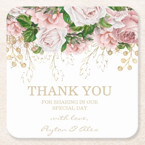 Thank You Wedding Reception Blush Pink Flowers Square Paper Coaster