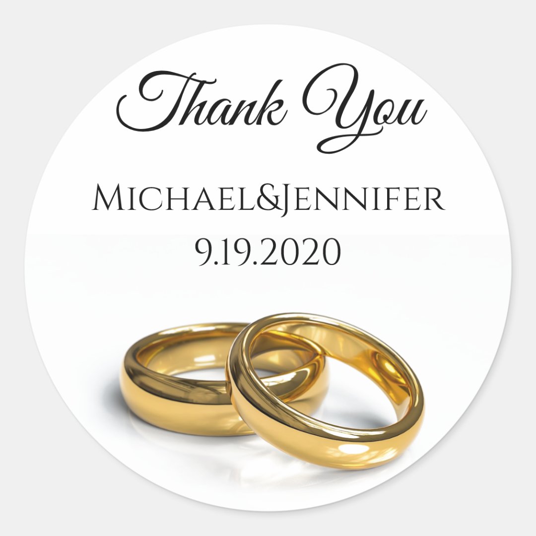 Thank you, wedding rings, custom classic round sticker | Zazzle