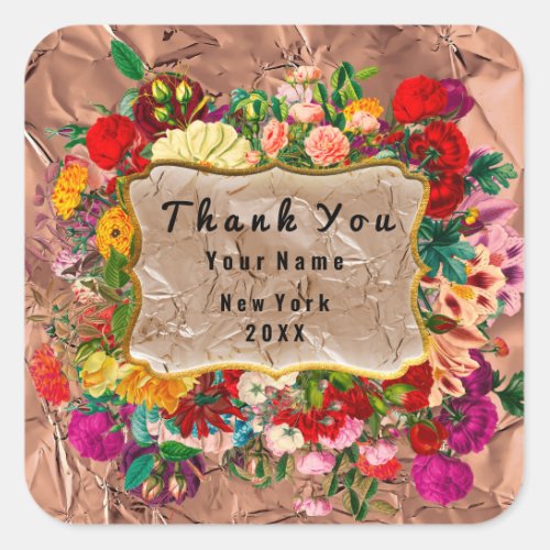 Thank You Wedding Roses Floral Grunge Copper  Square Sticker