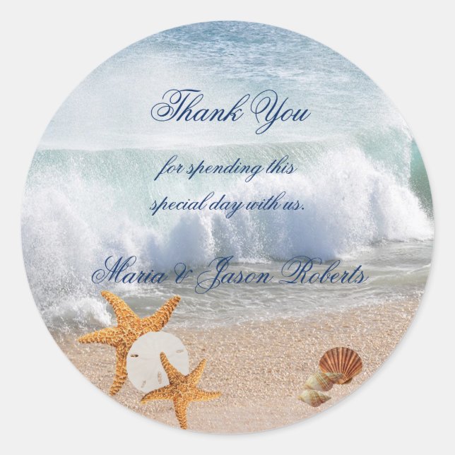 Thank You,Wedding, Seashells, Starfish, Custom Classic Round Sticker (Front)