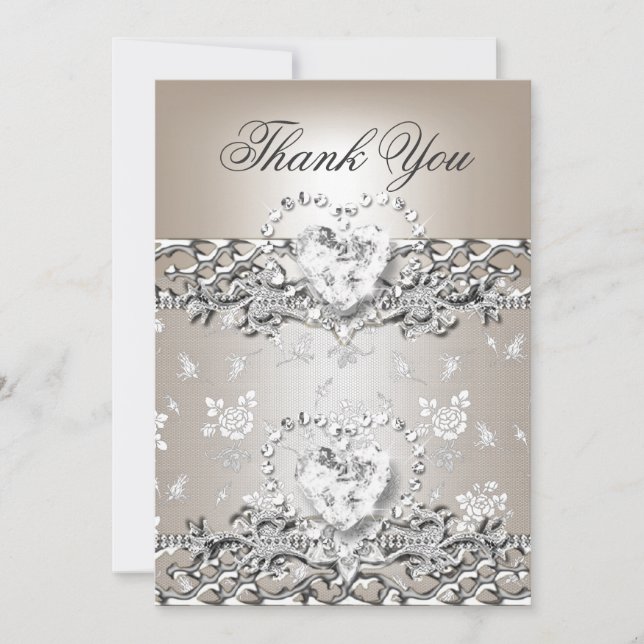 Thank you Wedding Silver Cream Diamond Heart Card (Front)
