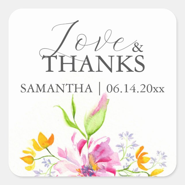 Thank You Wedding Stickers Watercolor Pink Florals (Front)