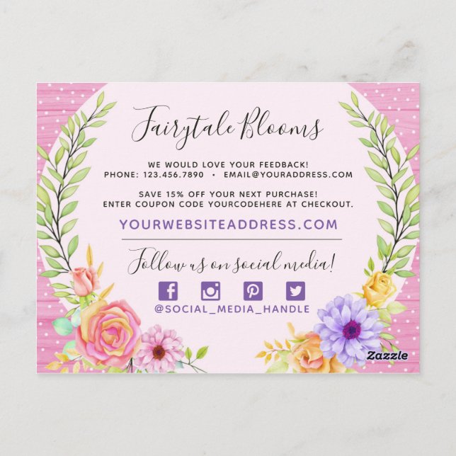 Thank You Whimsical Floral Roses Rustic Pink Wood Postcard (Back)