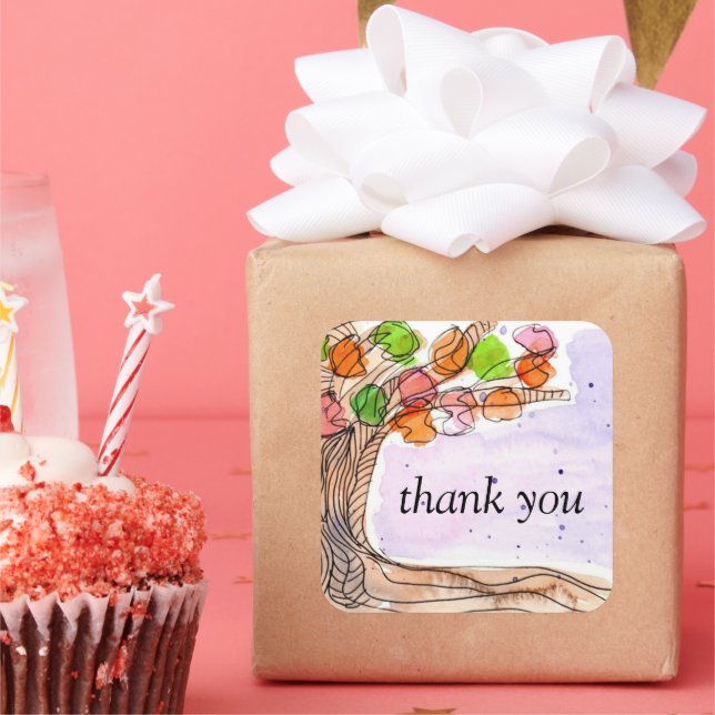 Thank You - Whimsical Watercolor Leafy Tree Square Sticker (Party)