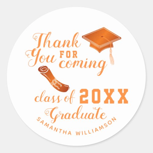 Thank You White and Orange Class of 2023 Graduate Classic Round Sticker