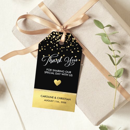 THANK YOU White Black Faux Gold Foil Heart Wedding Gift Tags