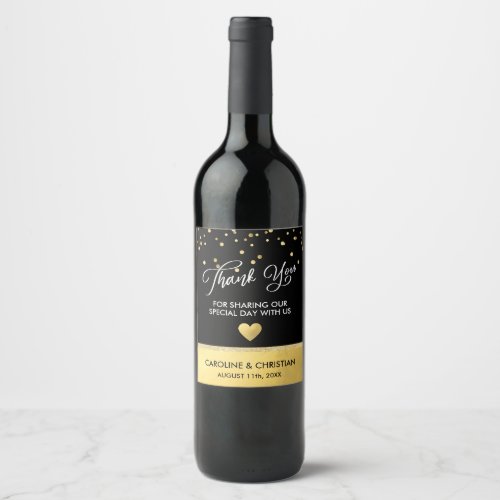 THANK YOU White Black Faux Gold Foil Heart Wedding Wine Label