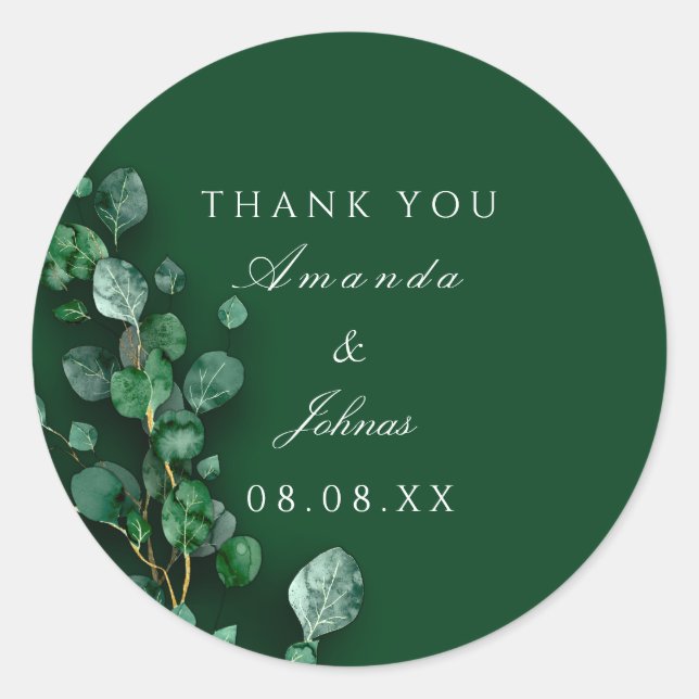 Thank You  White Eucalyptus Green Rustic Wedding Classic Round Sticker (Front)