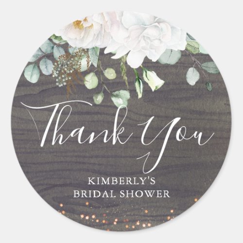 Thank You White Flowers Rustic Wood Bridal Shower Classic Round Sticker