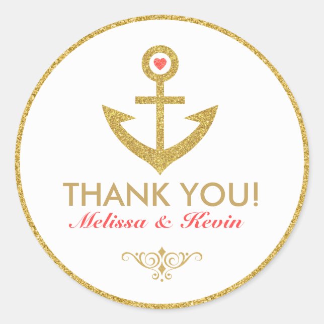 Thank you White & Gold Nautical Boat Anchor Classic Round Sticker (Front)