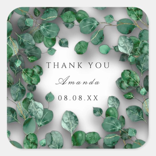 Thank You White Green Eucalyptus Woodland Favor Square Sticker