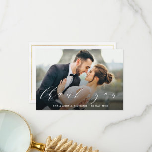 THANK YOU   white lettering wedding photo Card