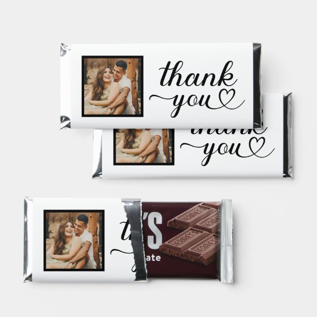 Thank You White Modern Heart Calligraphy Photo Hershey Bar Favors (Front)