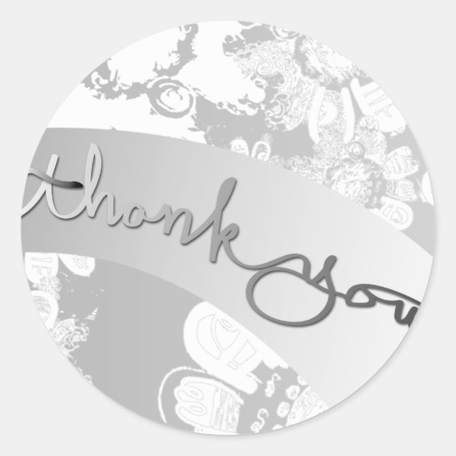 "Thank you" White Silvery Grey Floral Wedding Classic Round Sticker (Front)