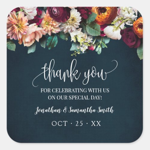 Thank you Wine Flowers Navy Wedding Square Sticker