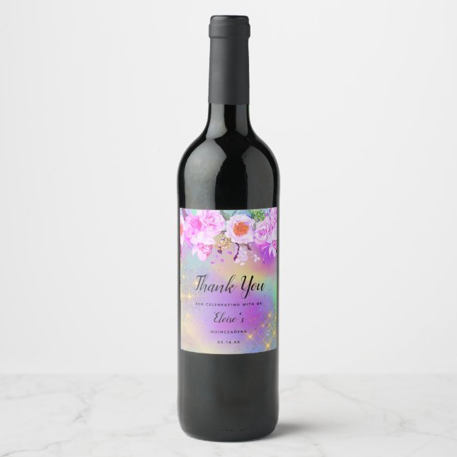 Thank You Wine Label Rainbow Floral Party Favor (Front)