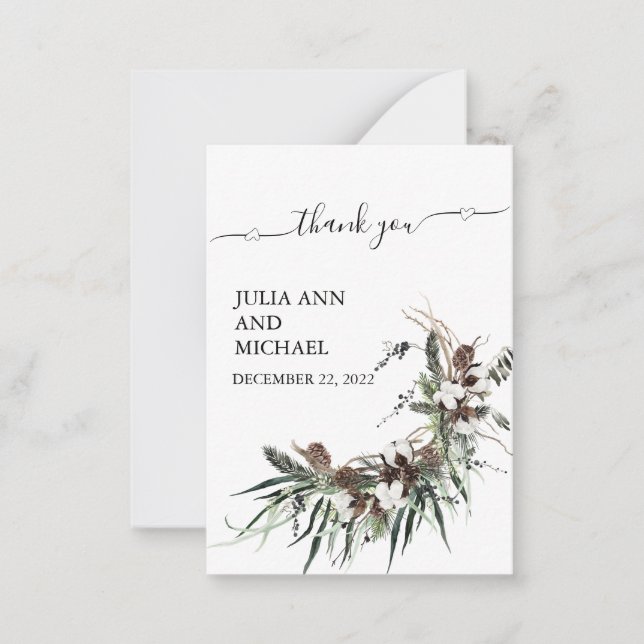 Thank you Winter Foliage Christmas Cotton  Wedding Note Card (Front)
