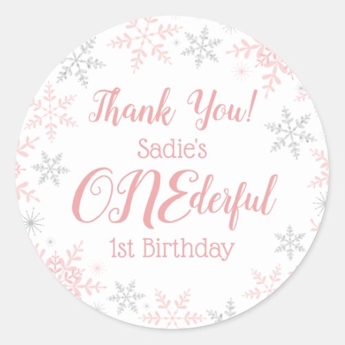 Thank You Winter ONEderland Pink Silver Snowflakes Classic Round Sticker