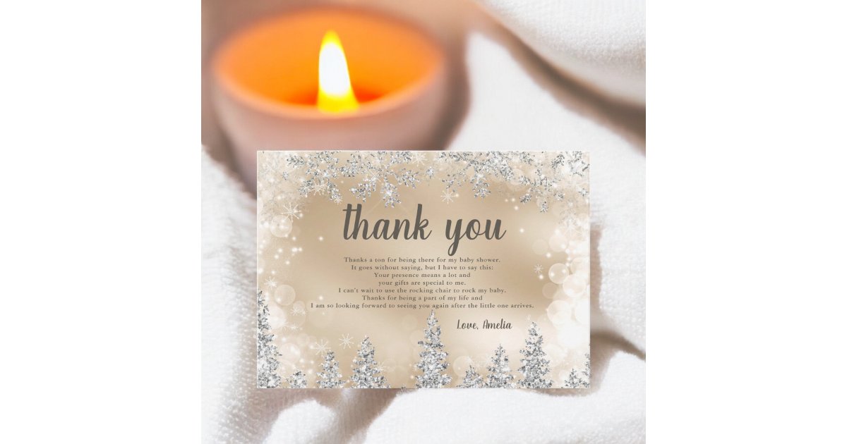 Thank you Winter silver snow pine gold baby shower Card | Zazzle