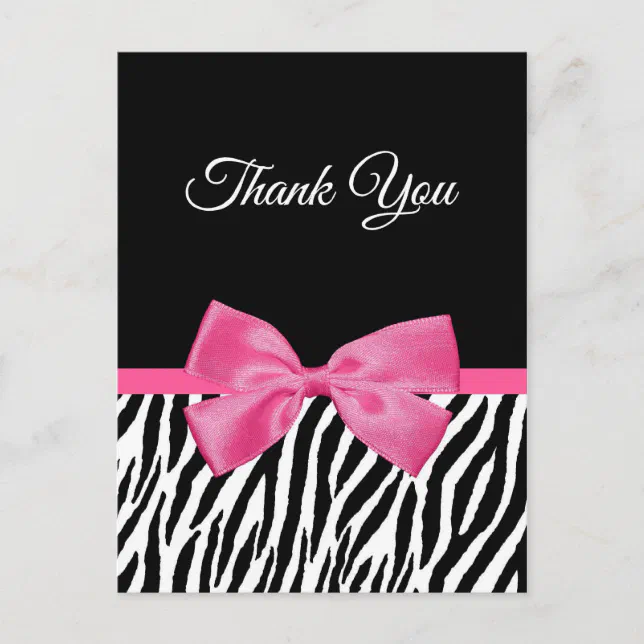 Thank You With Chic Zebra Print and Pink Ribbon Postcard | Zazzle