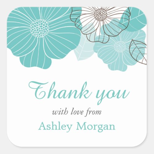 Thank You with Love Simple Chic Teal Green Floral Square Sticker