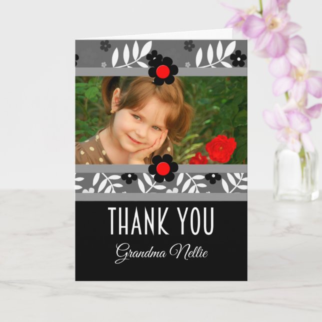 Thank You with Photo and Name Black Contemporary Card (Orchid)