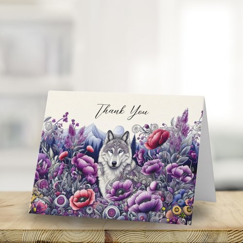 Thank You Wolf Folk Art With Poppies Card