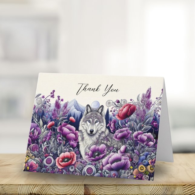Thank You Wolf Folk Art With Poppies Card (Express gratitude with whimsical folk art, perfect for nature enthusiasts.
)