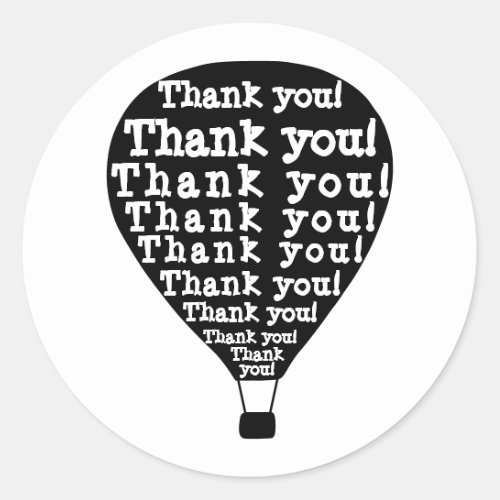 Thank You Word Art Hot Air Balloon Black and White Classic Round Sticker