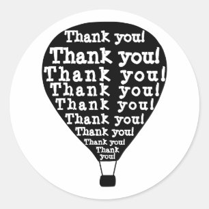 Thank You Word Art Hot Air Balloon Black and White Classic Round Sticker