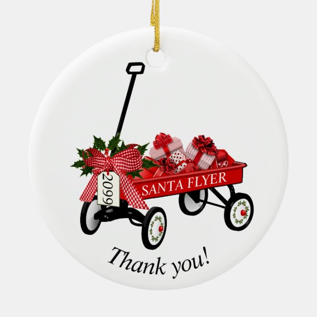 "Thank you!" Year Red Wagon Christmas Ornament (Back)