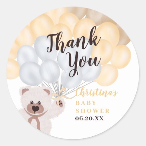 Thank you yellow balloon bear neutral baby shower classic round sticker