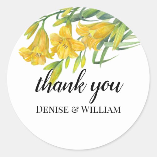 Thank You Yellow Day Lilies Illustration Wedding Classic Round Sticker