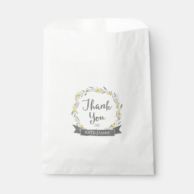 Thank You Yellow Flowers and Grey Leaves Favor Bag (Front)