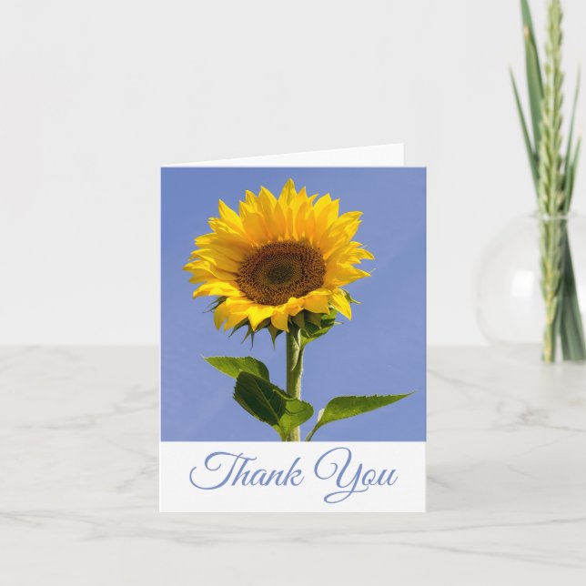 Thank You Yellow Sunflower Floral Blue Notecard (Front)
