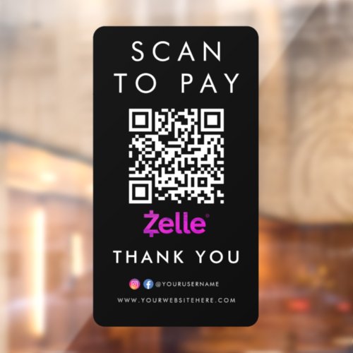 Thank you Zelle Modern Scan to Pay QR Code Black Window Cling